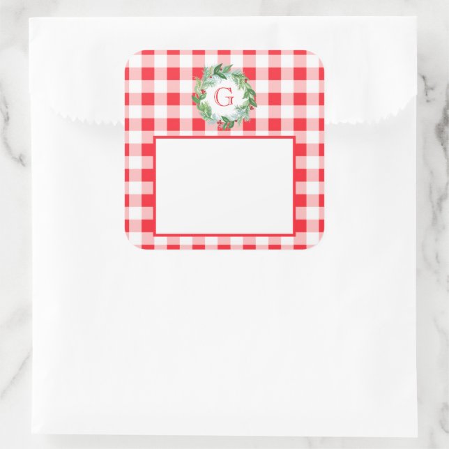 Watercolor Pine Wreath MONOGRAM Red Check  Square Sticker (Bag)