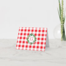 Watercolor Pine Wreath MONOGRAM Red Check