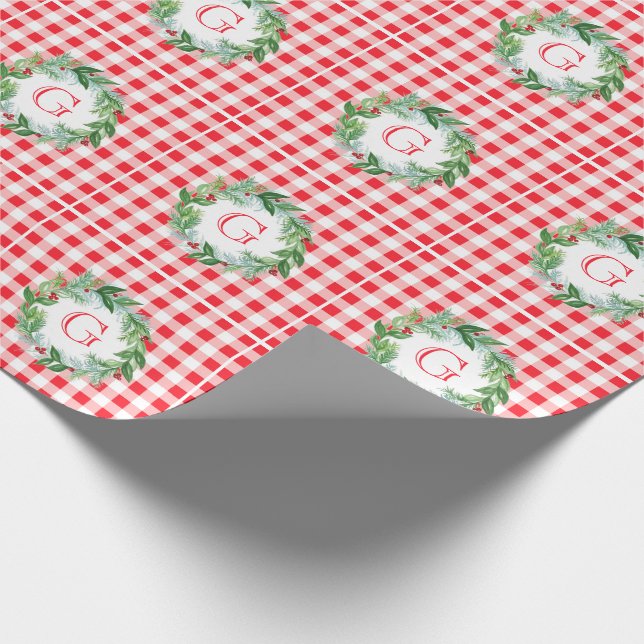 Watercolor Pine Wreath MONOGRAM Red Check Wrapping Paper (Corner)