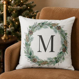 Watercolor Pine Wreath Pinecone Monogram Winter Cushion