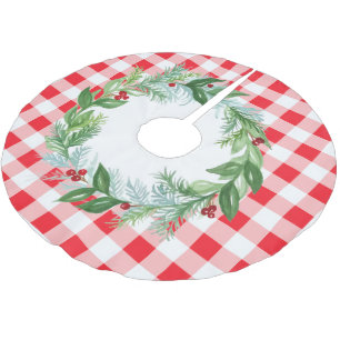 Watercolor Pine Wreath Red Check Christmas Brushed Polyester Tree Skirt