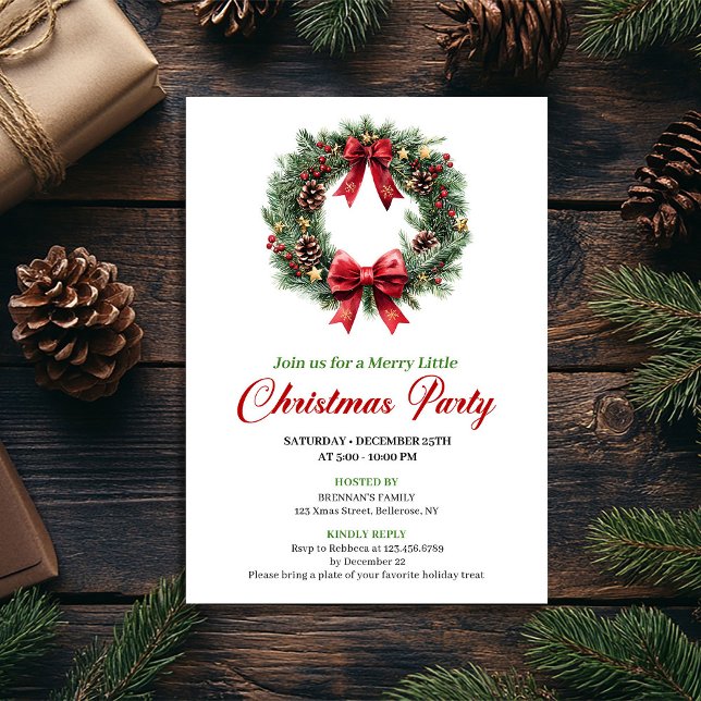 Watercolor Pine Wreath Red Green Party Invite (Watercolor Pine Wreath Red Green Party Invite)
