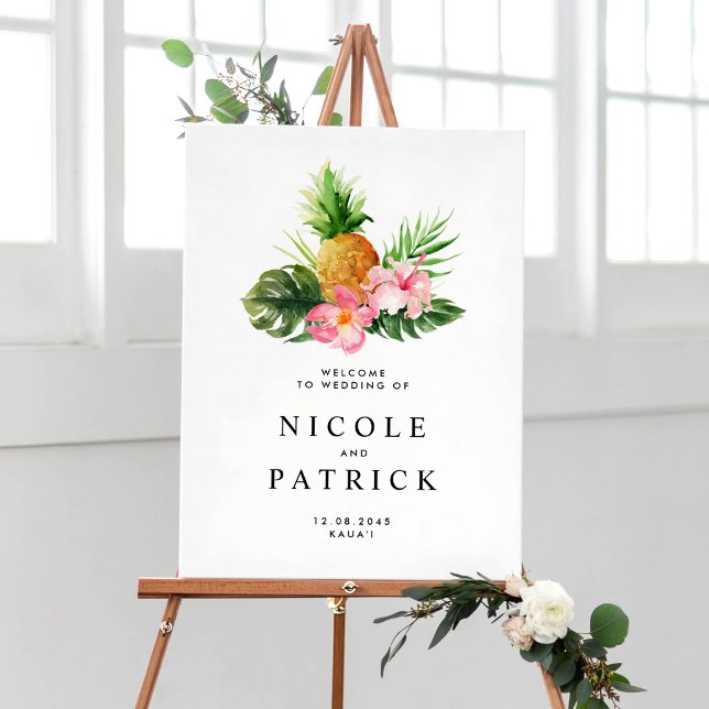 Watercolor Pineapple and Greenery Tropical Wedding Poster (Customizable tropical wedding welcome sign featuring watercolor pineapple, greenery and flower.)