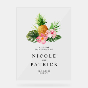 Watercolor Pineapple and Hibiscus Summer Wedding Acrylic Sign