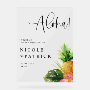 Watercolor Pineapple and Hibiscus Tropical Wedding Acrylic Sign