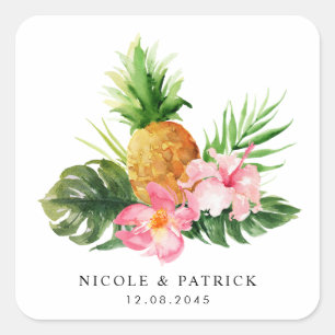Watercolor Pineapple and Hibiscus Tropical Wedding Square Sticker