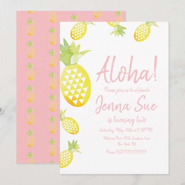 Watercolor Pineapple Birthday Party Any Age Luau I Invitation (Front/Back)