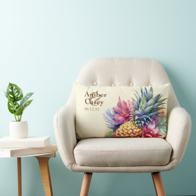 Watercolor Pineapple Name and Date Lumbar Cushion (Chair)