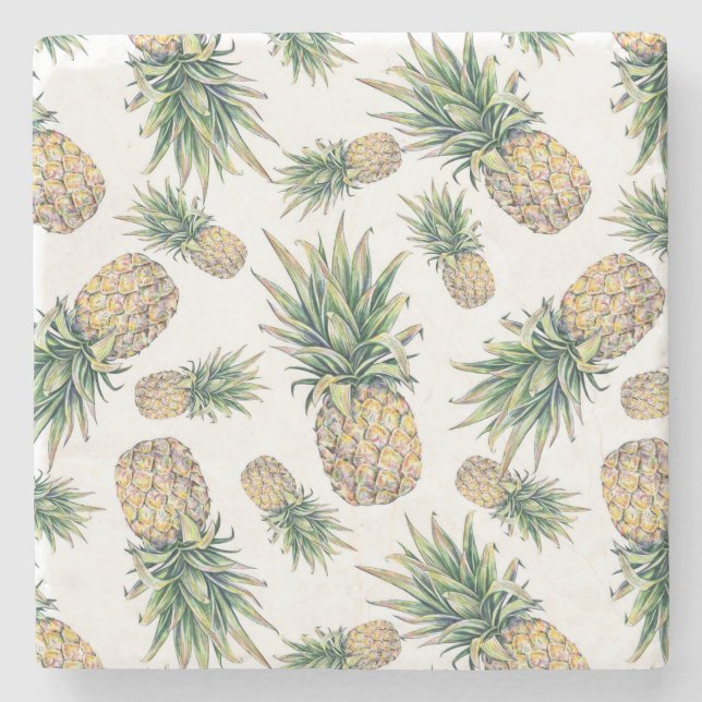 Watercolor Pineapple Pattern Stone Coaster (Front)
