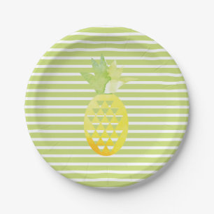 Watercolor Pineapple Trendy Stripes Fruity Party Paper Plate