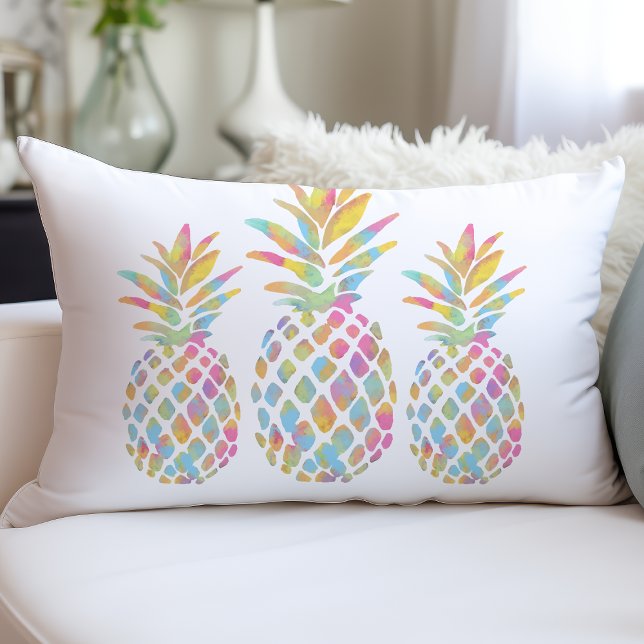 Watercolor Pineapple Trio Tropical Rainbow Lumbar Cushion (Creator Uploaded)