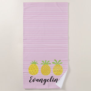 Watercolor Pineapple Trio with Pink Pinstripe Beach Towel