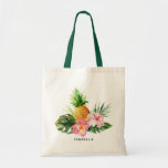 Watercolor Pineapple Tropical Custom Tote Bag<br><div class="desc">Customisable tropical tote bag featuring watercolor pineapple,  hibiscus,  split leaf philodendron and palm leaves. Customisable by adding names or short phrase. This will be perfect as a favour bag for summer weddings,  baby showers and other events.</div>