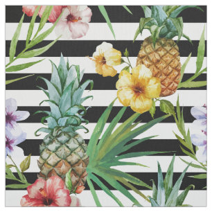 Watercolor pineapple tropical flower black stripes fabric
