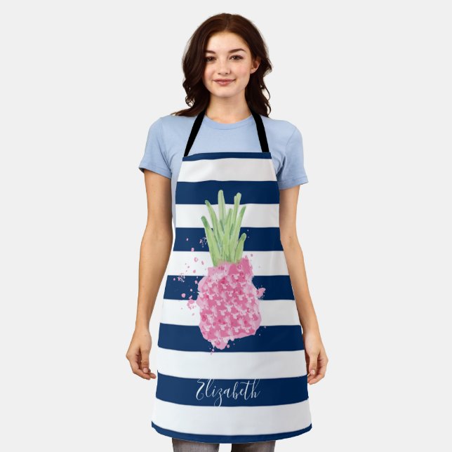 Watercolor Pineapple Tropical ,Navy Blue Striped  Apron (Worn)