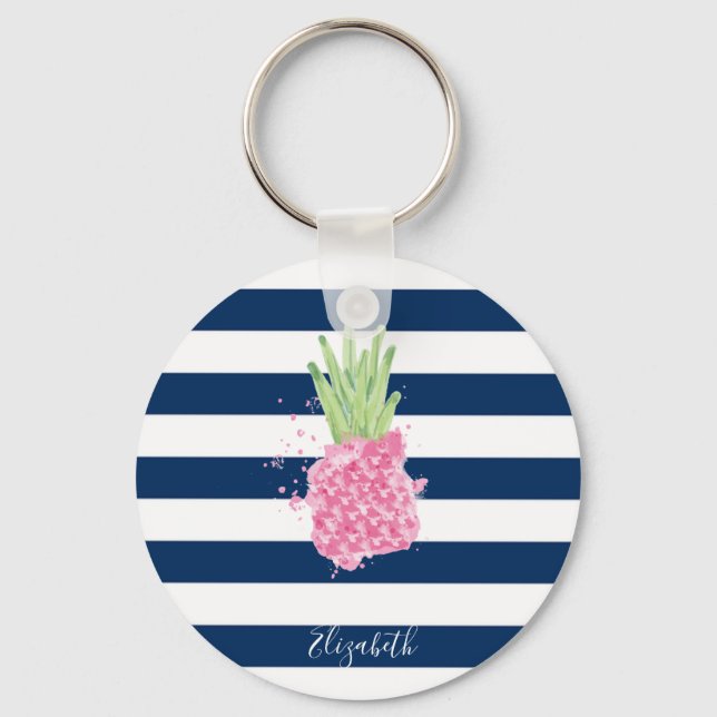 Watercolor Pineapple Tropical ,Navy Blue Striped   Key Ring (Front)