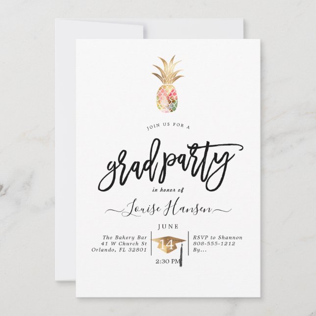 Watercolor Pineapples Graduation Party Invitation (Front)