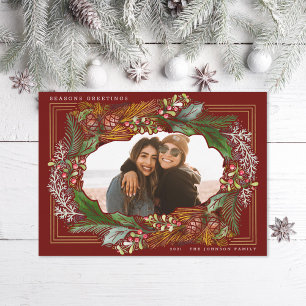 Watercolor Pinecone Red Frame Holiday Photo Card