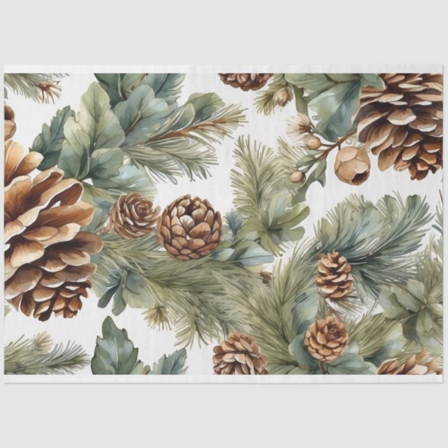 Watercolor Pinecones, Tree Branches Nature Collage Tissue Paper (Front)