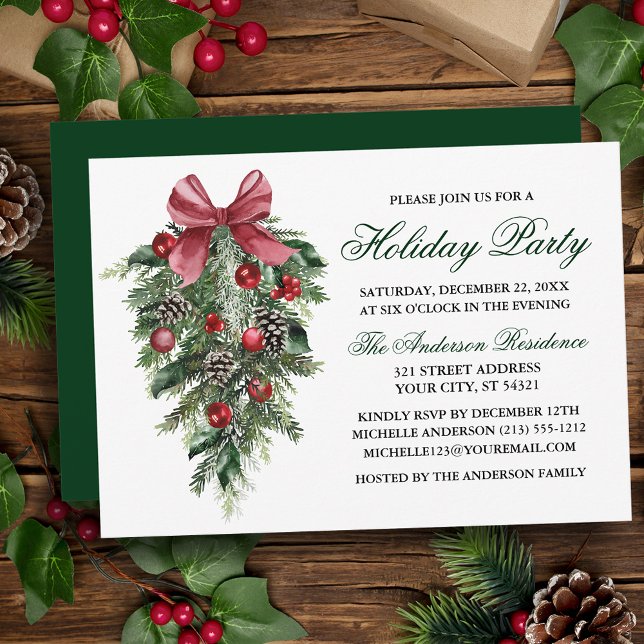 Watercolor Pines Berries Bow Green Holiday Party Invitation (Customize to change text color, size, style or to change color of back of card.)