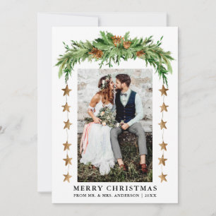 Watercolor Pines Boho Christmas Newlywed Holiday Card