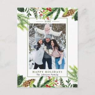 Watercolor Pines Branch Christmas PHOTO Holiday Postcard