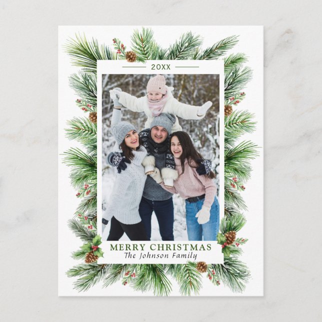 Watercolor Pines Branch Christmas PHOTO Holiday Postcard (Front)