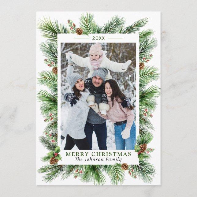Watercolor Pines Branch Frame Christmas PHOTO Holiday Card (Front)