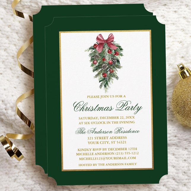 Watercolor Pines Calligraphy Gold Christmas Party Invitation (Customize to change text color, size, style.)