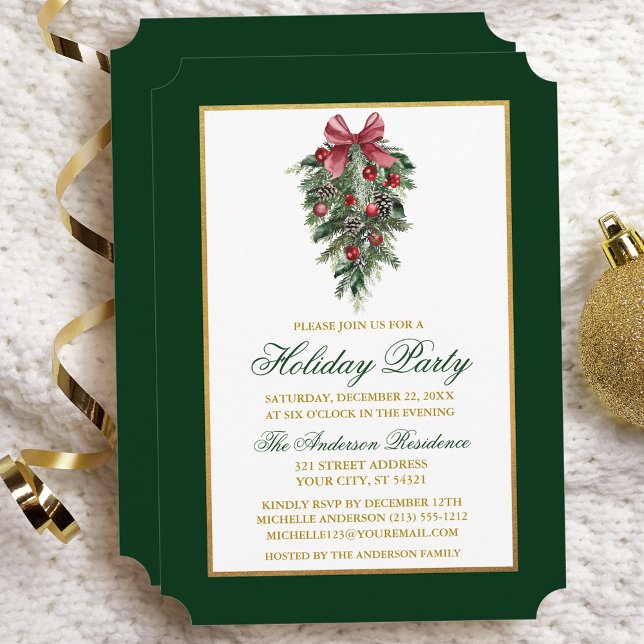 Watercolor Pines Calligraphy Gold Holiday Party Invitation (Customize to change text color, size, style.)