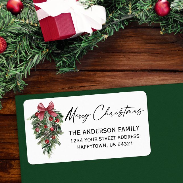 Watercolor Pines Calligraphy Ink Christmas Address Label (Customize to change text size, color or text style.)