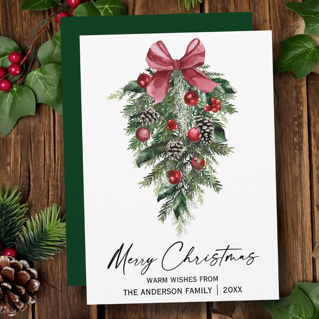 Watercolor Pines Calligraphy Ink Christmas Green Holiday Card (Customize to change your personalized text size, style or change color of back of card.)