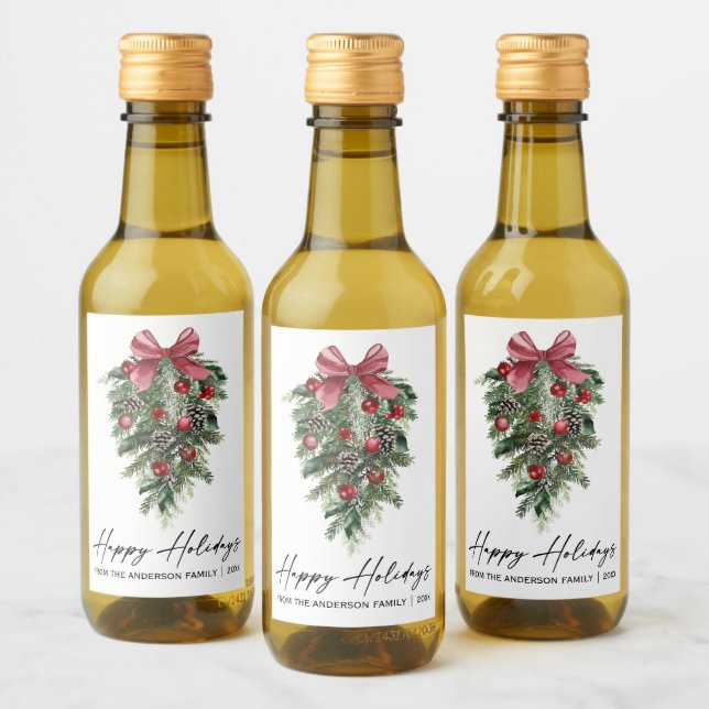 Watercolor Pines Calligraphy Ink Holiday Mini Wine Label (Bottles)