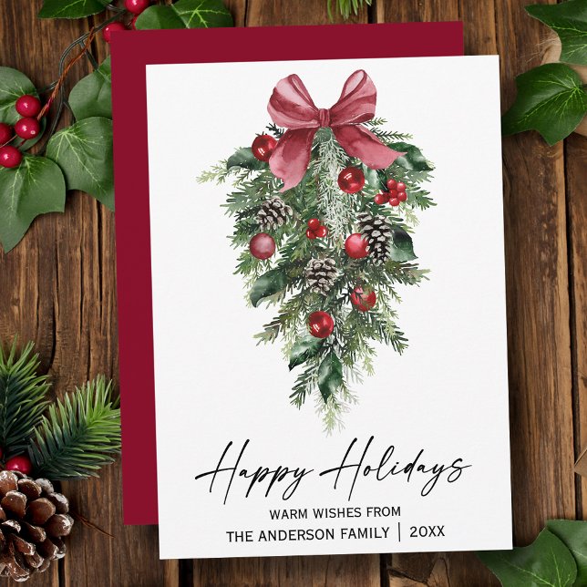 Watercolor Pines Calligraphy Ink Script Red Holiday Card (Customize to change your personalized text size, style or change color of back of card.)