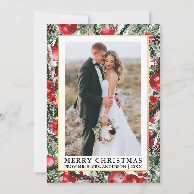 Watercolor Pines Christmas Ornaments Newlywed Holiday Card (Front)