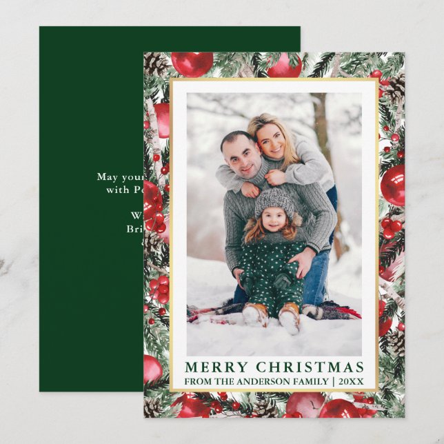 Watercolor Pines Christmas Ornaments Photo Green Holiday Card (Front/Back)