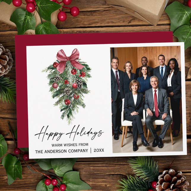 Watercolor Pines Company Photo Holiday Card (Customize to change your personalized text size, style or change color of back of card.)