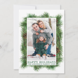 Watercolor Pines Frame Green Happy Holidays Holiday Card