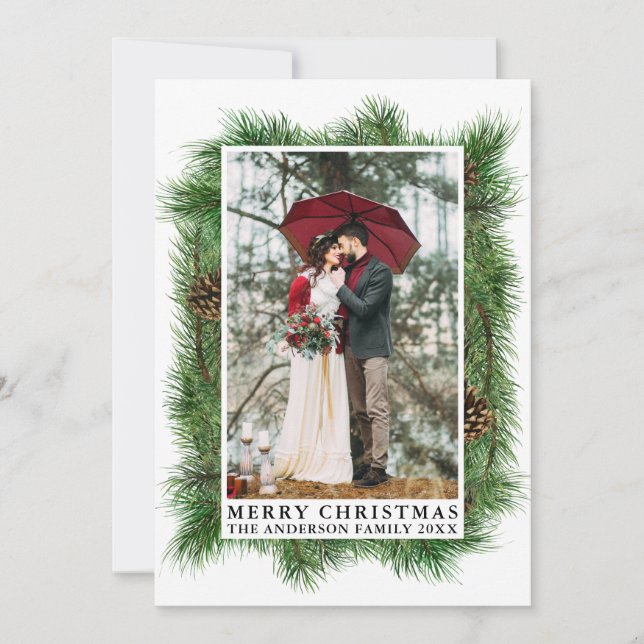 Watercolor Pines Frame Photo Merry Christmas Holiday Card (Front)