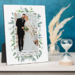 Watercolor Pines Our First Christmas Photo Plaque<br><div class="desc">Elegant Watercolor Greenery Pine Frame Our First Christmas Newlywed Wedding Photo plaque - Green Text</div>