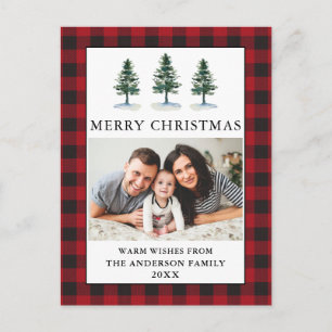 Watercolor Pines Photo Christmas Plaid Postcard