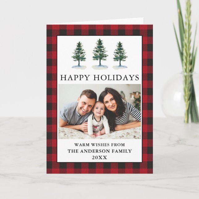 Watercolor Pines Photo Red Plaid Folded Holiday Card (Front)