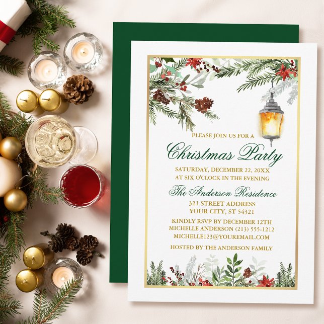 Watercolor Pines Poinsettia Gold Christmas Party Invitation (Customize to change text size, text style or to change color of back of card.)