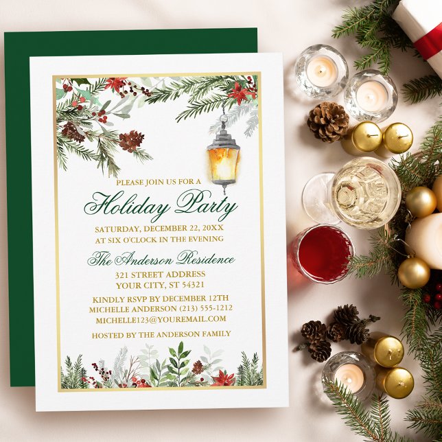 Watercolor Pines Poinsettia Gold Holiday Party Invitation (Customize to change text size, text style or to change color of back of card.)