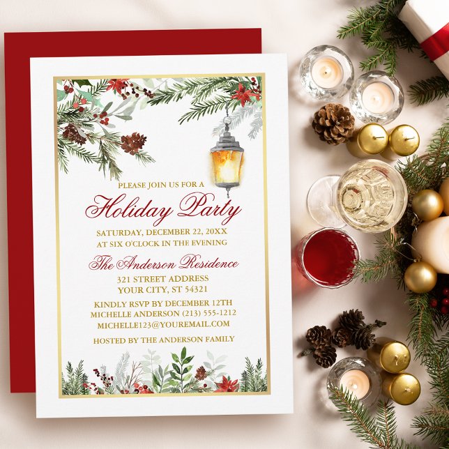 Watercolor Pines Poinsettia Holiday Party Gold Invitation (Customize to change text size, text style or to change color of back of card.)
