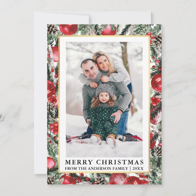 Watercolor Pines Red Christmas Ornaments Photo Holiday Card (Front)