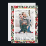 Watercolor Pines Red Christmas Ornaments Photo Holiday Card<br><div class="desc">Modern Elegant Watercolor Pines Winter Greenery with Burgundy Red Christmas Ornaments,  Pine Cones and Holly Berries Merry Christmas Photo Holiday Card - Gold Frame</div>