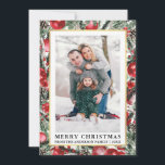 Watercolor Pines Red Christmas Ornaments Photo Holiday Card<br><div class="desc">Modern Elegant Watercolor Pines Winter Greenery with Burgundy Red Christmas Ornaments,  Pine Cones and Holly Berries Merry Christmas Photo Holiday Card - Gold Frame</div>