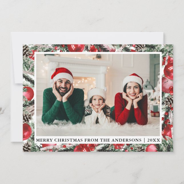 Watercolor Pines Red Ornaments Photo Christmas Holiday Card (Front)