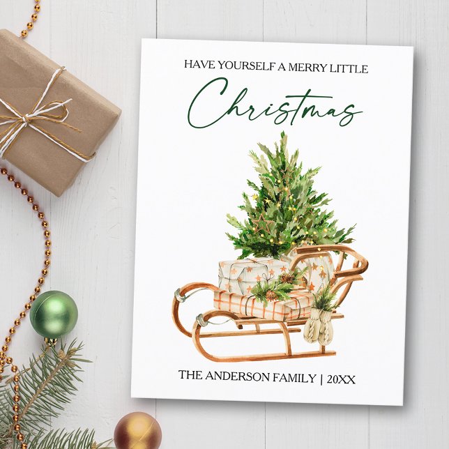 Watercolor Pines Sleigh Calligraphy Ink Holiday (Customize to change your personalized text size or text style)